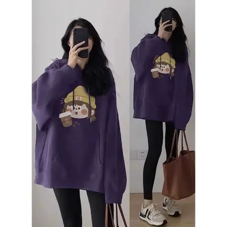 紫色连帽美式慵懒风卫衣女加绒纯棉秋冬季2023新款爆款外套女上衣商品大图