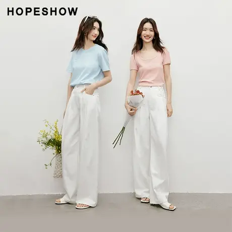 红袖纯色高腰一粒扣长裤女hopeshow2024秋新款精致垂感直筒休闲裤商品大图