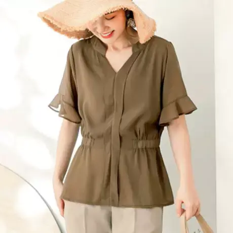 桔熊夏季通勤雪纺小衫微透V领荷叶袖收腰短袖上衣女装大码AB15858商品大图