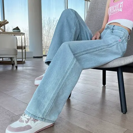 浅色拼接高腰牛仔裤女春秋薄款高腰显瘦宽松遮胯直筒阔腿拖地长裤商品大图