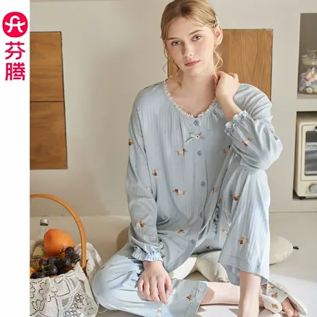 芬腾女士睡衣春秋季纯棉圆领长袖套装抗静电卡通甜美休闲家居服商品大图