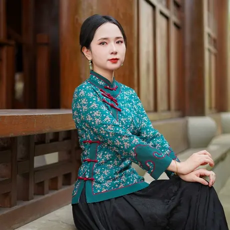 筠雅秋季新款复古气质唐装上衣女中式改良显瘦女士斜襟长袖25J255商品大图