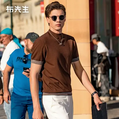 MrBu布先生可机洗条纹羊毛衫2023新款圆领男士短袖羊毛t恤BT12263图片