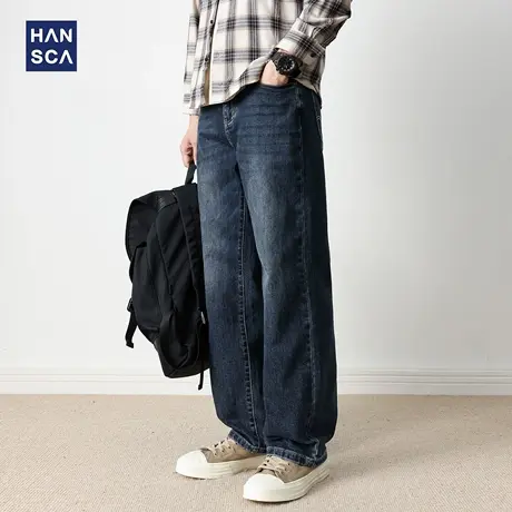 hansca水洗牛仔裤男2025新款秋季复古美式直筒阔腿宽松深蓝色长裤商品大图
