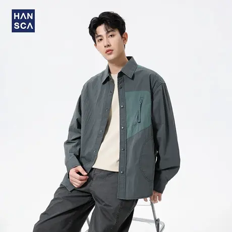 hansca复古美式男衬衫长袖2025新款秋季拼接工装休闲立领衬衣外套商品大图