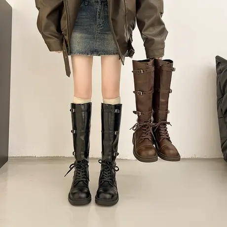 时尚百搭长靴女2025秋季新款网红粗跟不过膝骑士靴增高小个子靴子商品大图