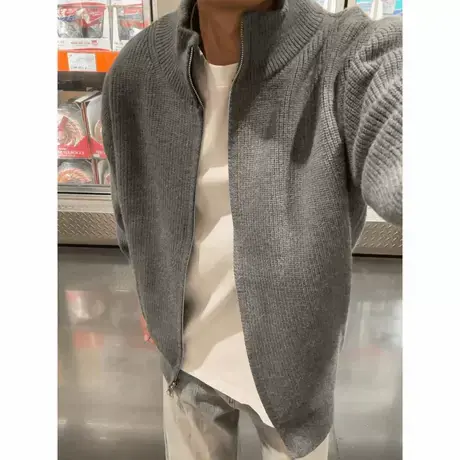 灰色半高领开衫毛衣外套男春秋美式cleanfit针织衫夹克休闲毛线衣商品大图