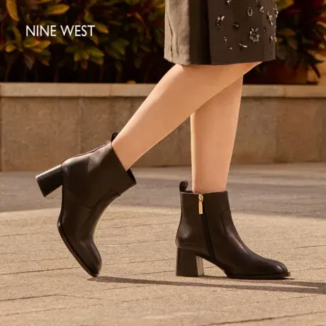 Nine West/玖熙粗跟短靴女2025秋冬新款真皮时装靴黑色显瘦马丁靴图片