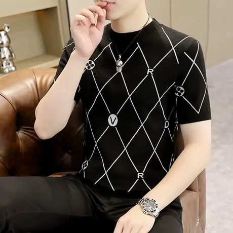 欧洲站短袖格子毛衣男士2023春秋冬季修身提花内搭针织衫半袖t恤商品大图