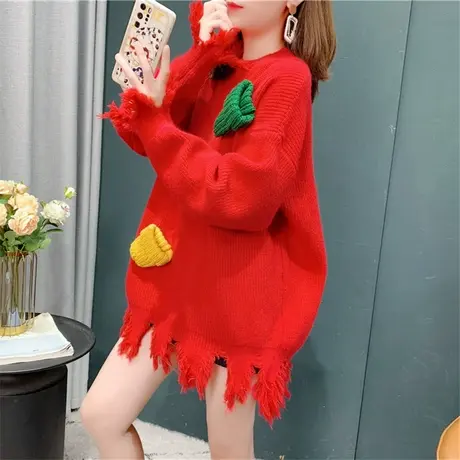 慵懒风破洞毛衣女冬季2021新款设计感小众加厚外穿个性针织衫上衣商品大图