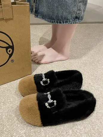 毛毛鞋女秋冬外穿2023新款一脚蹬平底棉鞋加绒加厚保暖百搭豆豆鞋商品大图