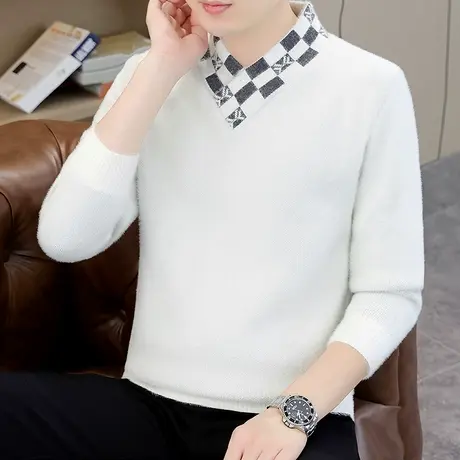 水貂绒毛衣男加绒加厚保暖打底衫潮流秋冬季V领针织羊毛衫线衣服商品大图