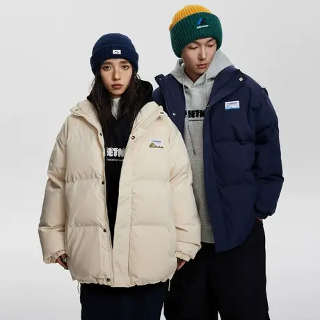 潮牌复古印花立领棉服女冬季加厚外套2023年新款情侣装宽松面包服商品大图