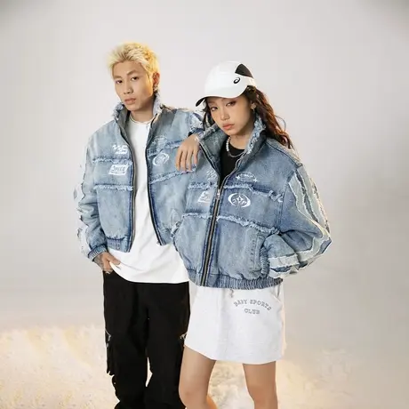 美式复古短款牛仔棉服女冬季加厚外套2023新款街头潮牌情侣装棉衣商品大图