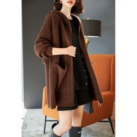 宝诗黎连帽烫钻宽松拉链开衫口袋上衣女2023秋冬新款拼接针织外套图片