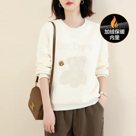 新品8.5折】圆领刺绣长袖卫衣女宽松加绒保暖上衣图片