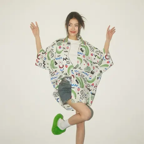 夏装2023新款复古短袖碎花衬衫女中长款宽松oversize潮牌小众上衣商品大图