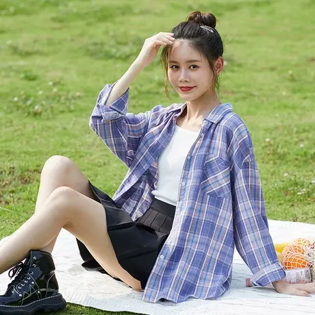 新款春秋款格子衬衫女长袖纯棉衬衣外套早春oversize上衣女商品大图