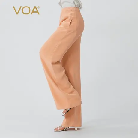 VOA奶橘色30姆米重磅砂洗真丝自然腰侧插袋夏季通勤蚕丝直筒长裤商品大图