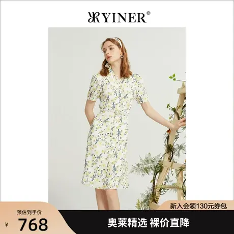 YINER音儿专柜女装2022夏季新款木耳边碎花收腰法风连衣裙图片