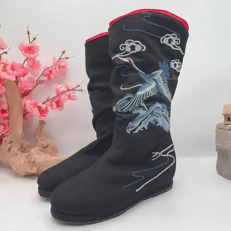 【千里江山】汉舞中国风原创刺绣布鞋内增高侧拉链长款刺绣女棉靴商品大图