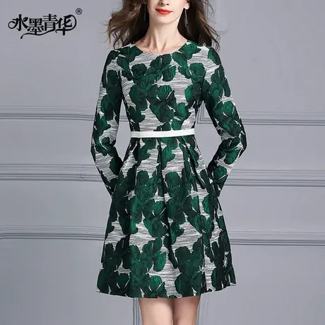 春装新品简约修身A字裙优雅收腰长袖印花连衣裙图片