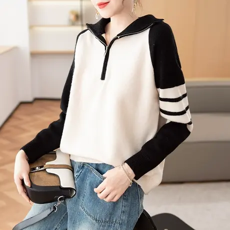 23175新款韩版宽松翻领拉链拼接长袖针织衫毛衣女百搭上衣打底图片