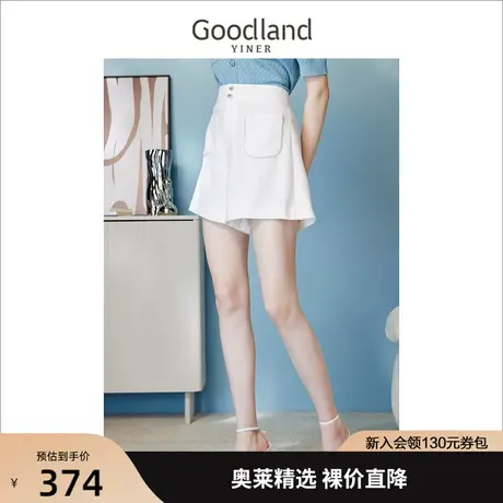 音儿美地女装2023夏季新款高腰直筒休闲白色钉珠口袋弹力短裤商品大图