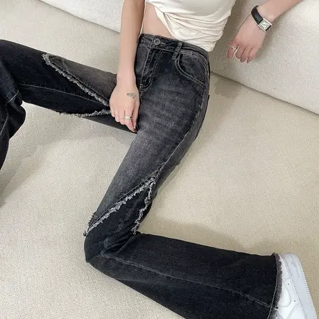渐变拼接微喇牛仔裤女春秋高腰显瘦小个子薄款弹力毛边喇叭马蹄裤商品大图