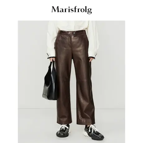 【商场同款】玛丝菲尔休闲裤秋季新款光泽感咖色时尚直筒皮裤女商品大图