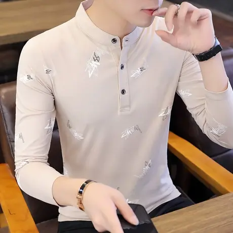 秋季纯棉长袖t恤男士立领修身上衣打底衫潮印花卫衣体恤汗衫男装商品大图