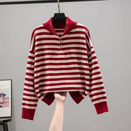 拉链条纹针织衫女士2023春秋新款韩版宽松套头长袖毛衣上衣打底女商品大图