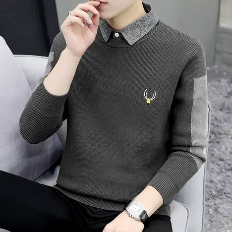 毛衣男士假两件韩版潮流马甲针织衫春秋季帅气时尚打底衬衫领上衣商品大图