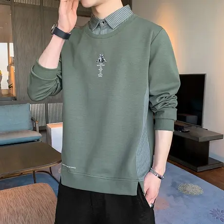 衬衫领男卫衣春秋季2023年新款潮牌ins休闲男装假两件翻领长袖t恤图片