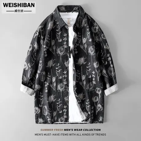 潮流复古花卉印花七分袖衬衣男夏季亚麻薄款透气休闲痞帅中袖衬衫商品大图