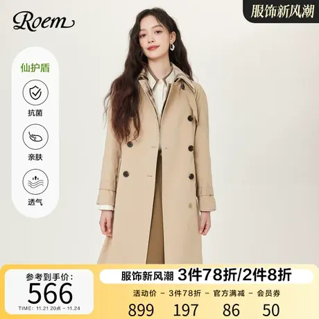 Roem秋冬商场同款英伦风复古时尚优雅翻领双排扣长款风衣外套女图片