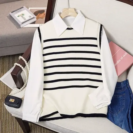 学院风条纹拼色叠穿设计感花边领2023春季新款圆领针织马甲坎肩潮图片