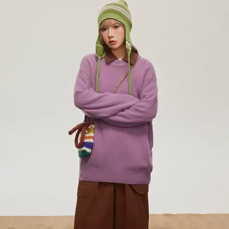 复古纯色圆领套头毛衣女秋冬2023新款美式潮牌宽松针织衫无帽上衣商品大图