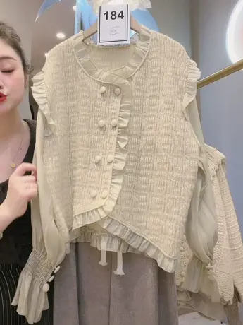 春装新款韩版宽松显瘦气质减龄木耳边针织拼接甜美毛衣百搭上衣女图片