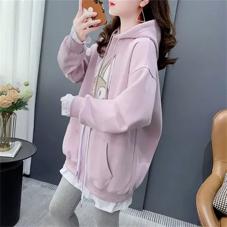 中长款假两件连帽卫衣女秋季2023新款韩版宽松洋气设计感减龄上衣商品大图