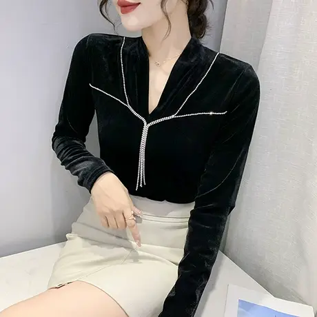 性感V领金丝绒打底衫女春装时尚烫钻链条上衣气质修身百搭T恤长袖商品大图