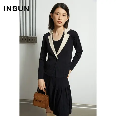 INSUN恩裳线上专选秋季撞色翻领压褶毛针织衫商品大图