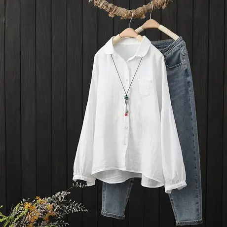 春季2023新款纯色棉纱长袖衬衫女文艺宽松休闲百搭减龄落肩袖衬衣图片