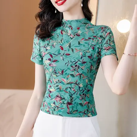 夏装气质减龄短袖T恤女妈妈装修身显瘦网纱上衣复古印花立领小衫图片