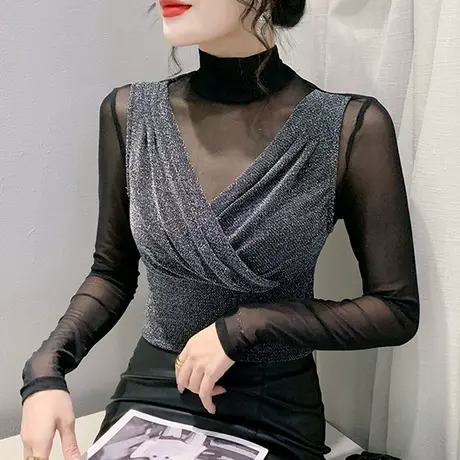 烫钻立领T恤女长袖性感褶皱交叉假两件上衣洋气修身透气打底衫ins商品大图