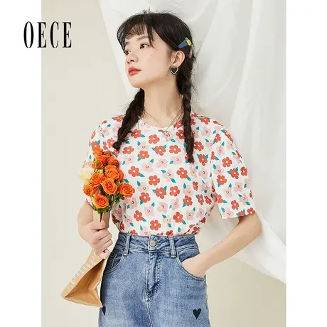 Oece设计感上衣夏季新款女装泫雅风印花显白减龄圆领短袖T恤图片