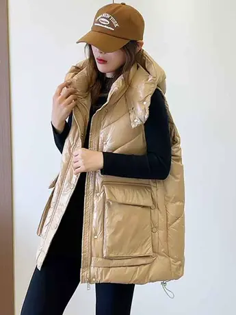 欧货中长羽绒棉马甲女2023秋冬宽松学生外套无袖背心外穿面包服潮图片