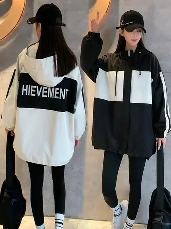 2023秋冬新款字母连帽外套女宽松撞色夹克拉链加棉冲风衣棒球服潮商品大图