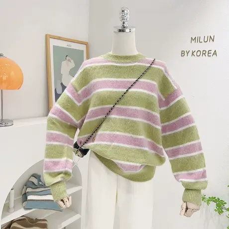 ins小众保暖软糯毛衣秋冬款韩国东大门粉色条纹针织衫上衣慵懒风图片