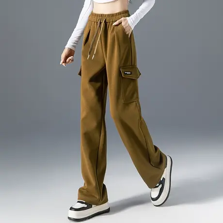 高腰窄版阔腿裤女2023新款秋季宽松针织裤子工装运动裤休闲直筒裤商品大图